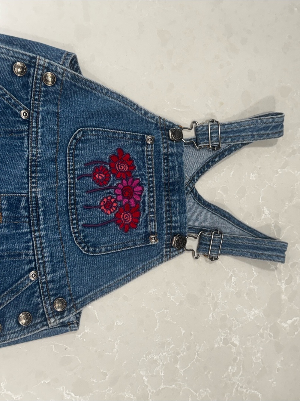 Vintage Kids Denim Overalls with Red & Pink Floral Embroidery